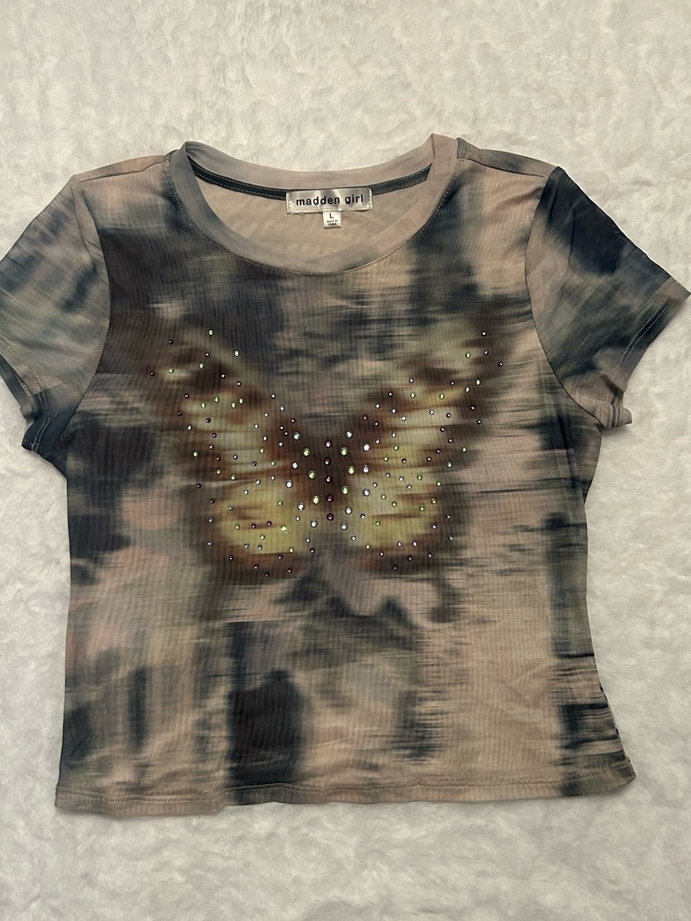 madden girl Tie-Dye Butterfly Crystal Short Sleeve Mesh Tee - Green/Black
